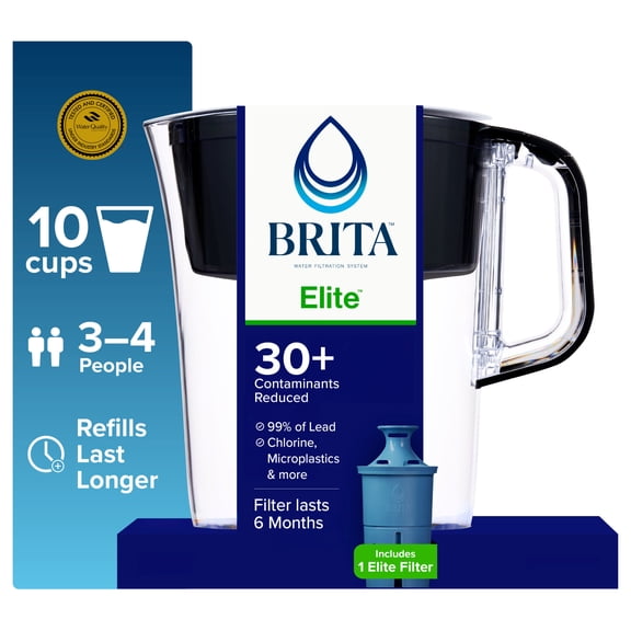 Brita Elite 10-Cup, Black Plastic Water Filtration Pitcher, Reduces Lead