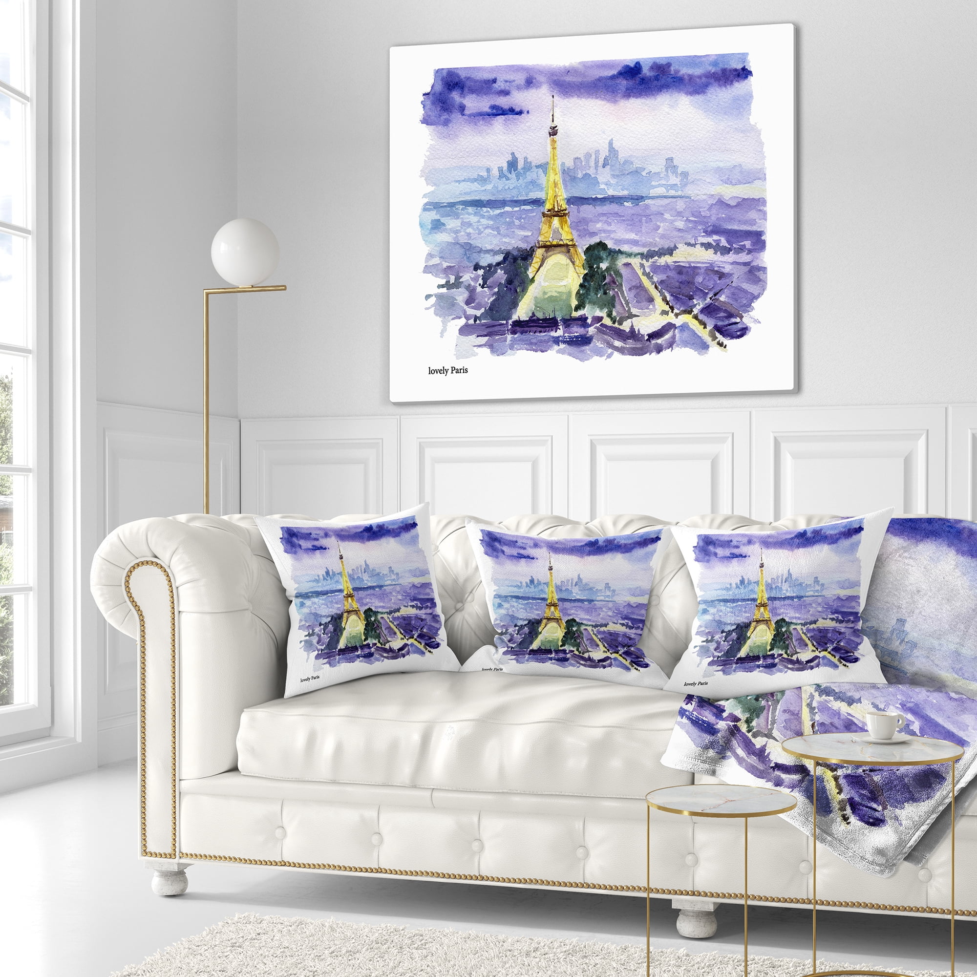 Designart Paris Eiffel Toweron Blue Background - Contemporary Throw Pillow - 16x16