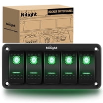 Nilight 5 Gang Rocker Switch Panel 5Pin On Off Toggle Aluminum Holder 12V 24V Dash Pre-Wired Green Backlit Switches for Automotive Cars Marine Boats RVs Truck