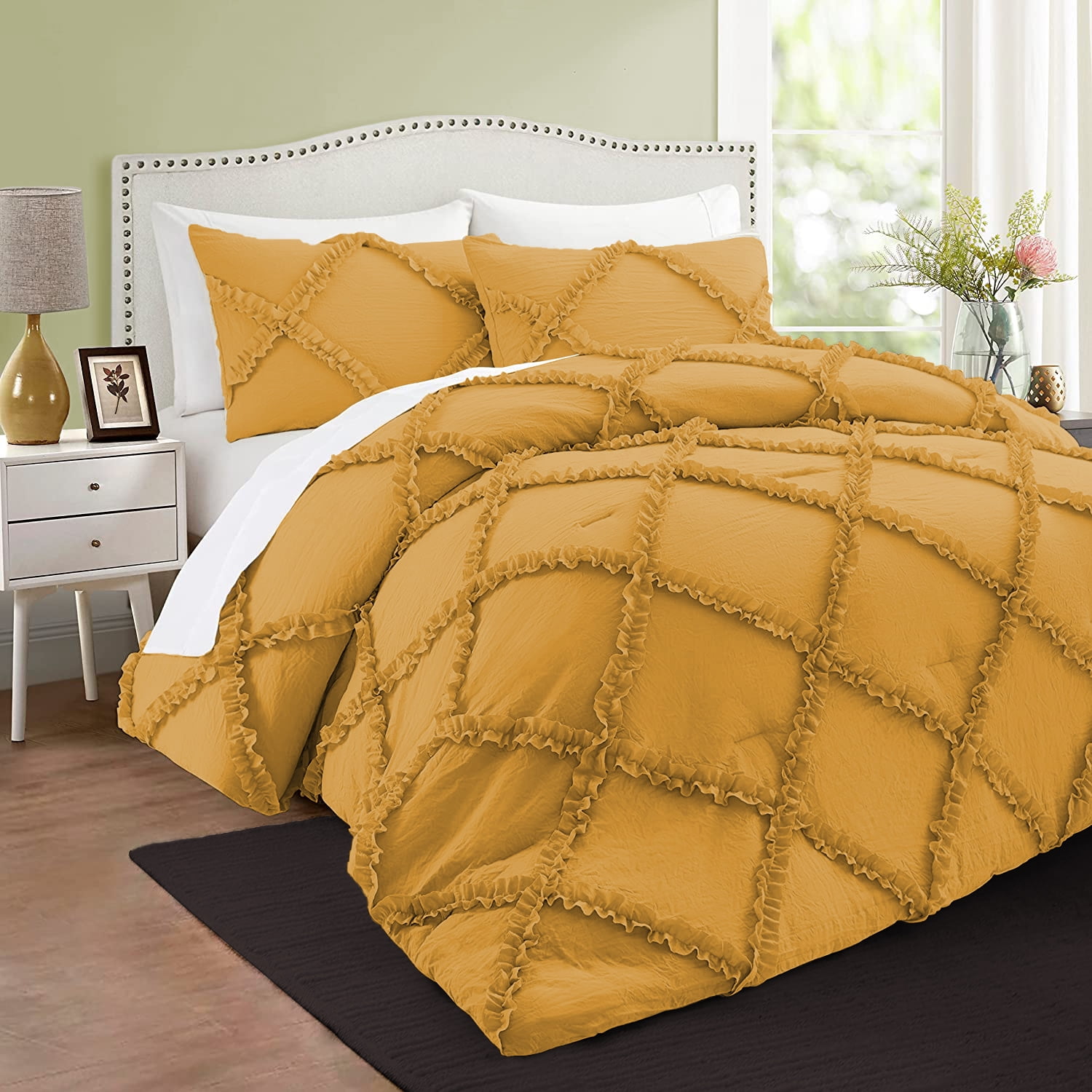 BedDecor 3 PC Luxury Diamond Ruffle "Gold, Oversize King" 800 TC 100