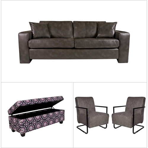 Angelo Home Sofa In Charcoal Gray Renu Leather With Two Roscoe Parisian Metal Arm Chairs