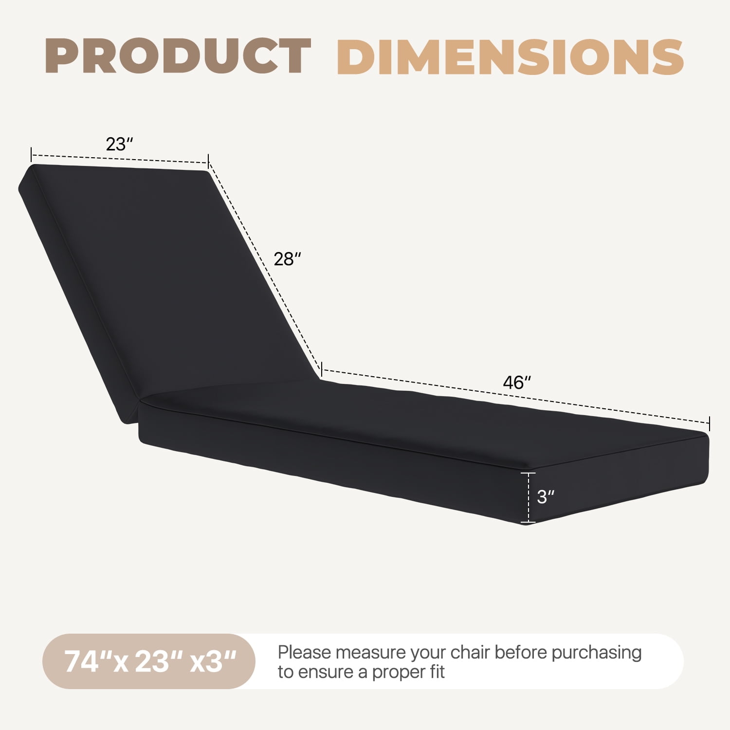 BaPiPro Black Outdoor Chaise Lounge Cushion, Waterproof Patio Lounge Chair Pad with High-Density Foam, Removable Cover & Secure Ties for Poolside, Garden & Patio
