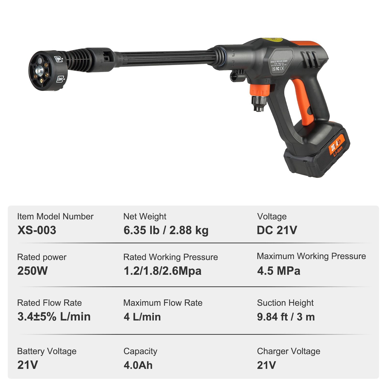 Cordless Pressure Washer, 4lb Lightweight, 652PSI High Pressure, Rated Pressure 350 PSI, Adjustable, Storage Bag, 6-in-1 Nozzle, for garage gym kitchen workshop and commercial floor use