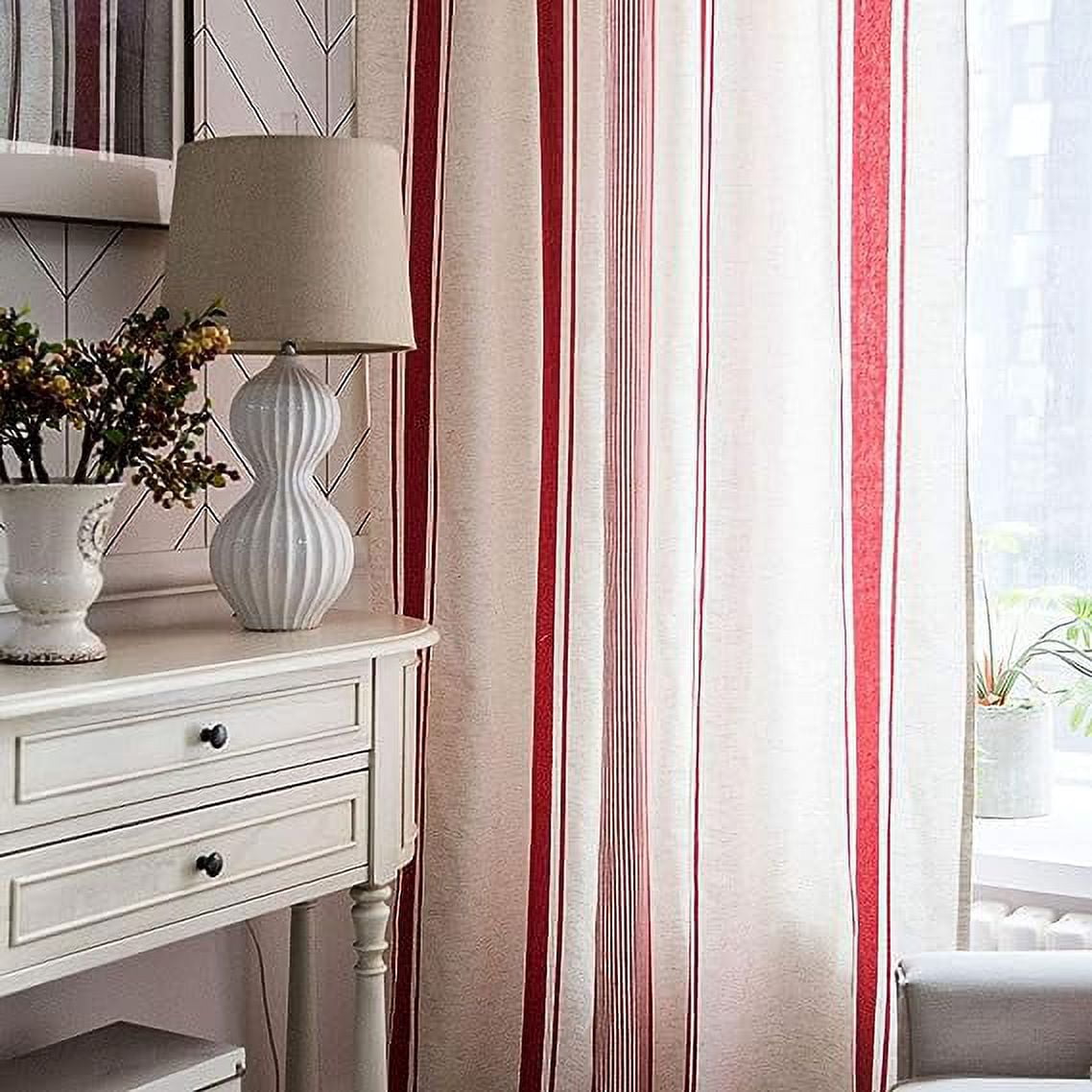 Namzi Cotton Linen Striped Window Curtain Farmhouse Country Style Room Darkening Rod Pocket Curtain Panel for Bedroom Living Room, 1 Piece (Red,59"x71")