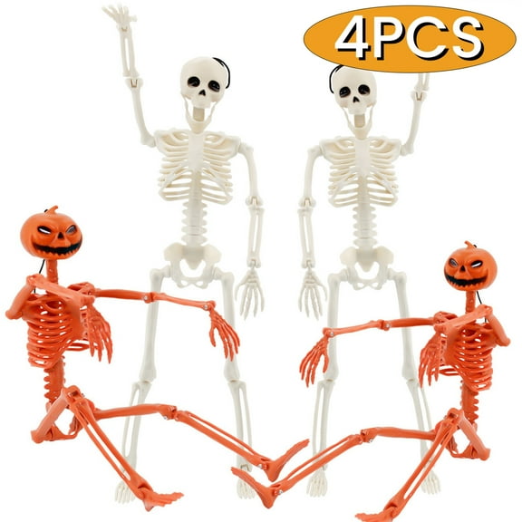 Halloween Skeletons 16" Posable Skeletons for Party Decoration Full Body Skeleton with Movable Joints Realistic Pumpkin Skeletons for Haunted House Graveyard Decor 4-Pack