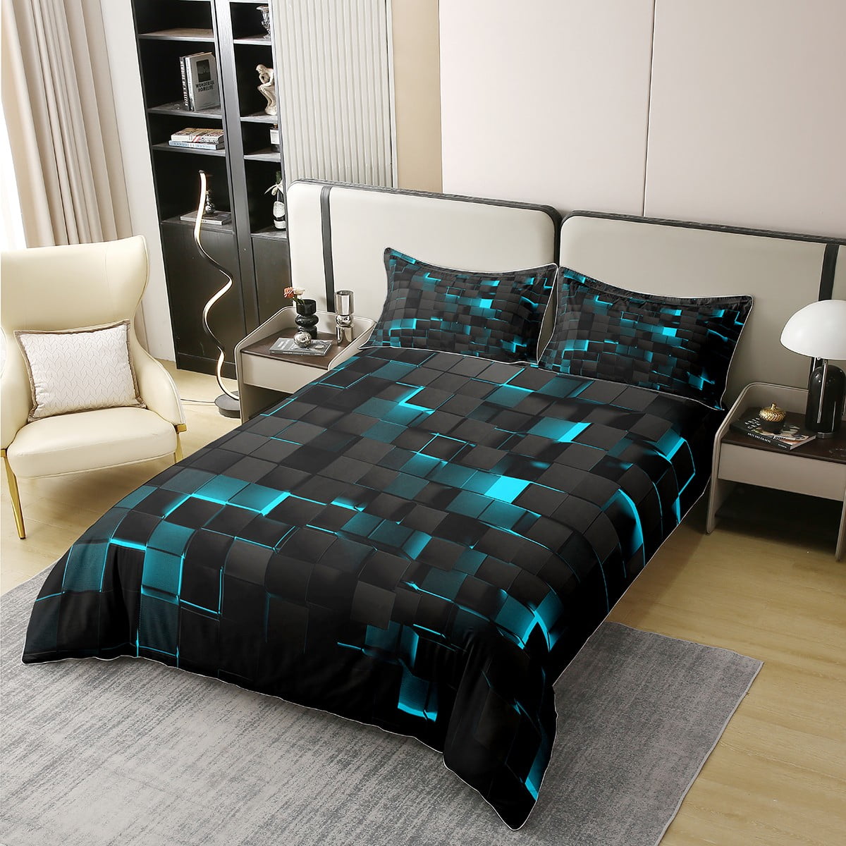 Erosebridal Teal Black Bedding Sets Twin,Neon Turquoise Geometric Check 100% Cotton Comforter Cover Stereoscopic Abstract Plaid Grids Duvet Cover Geometry Square Quilt Cover