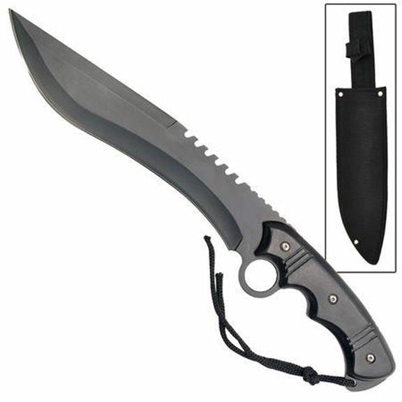 Tactical Full-Tang Curved Machete Knife with Finger Ring & Nylon Sheath – Black
