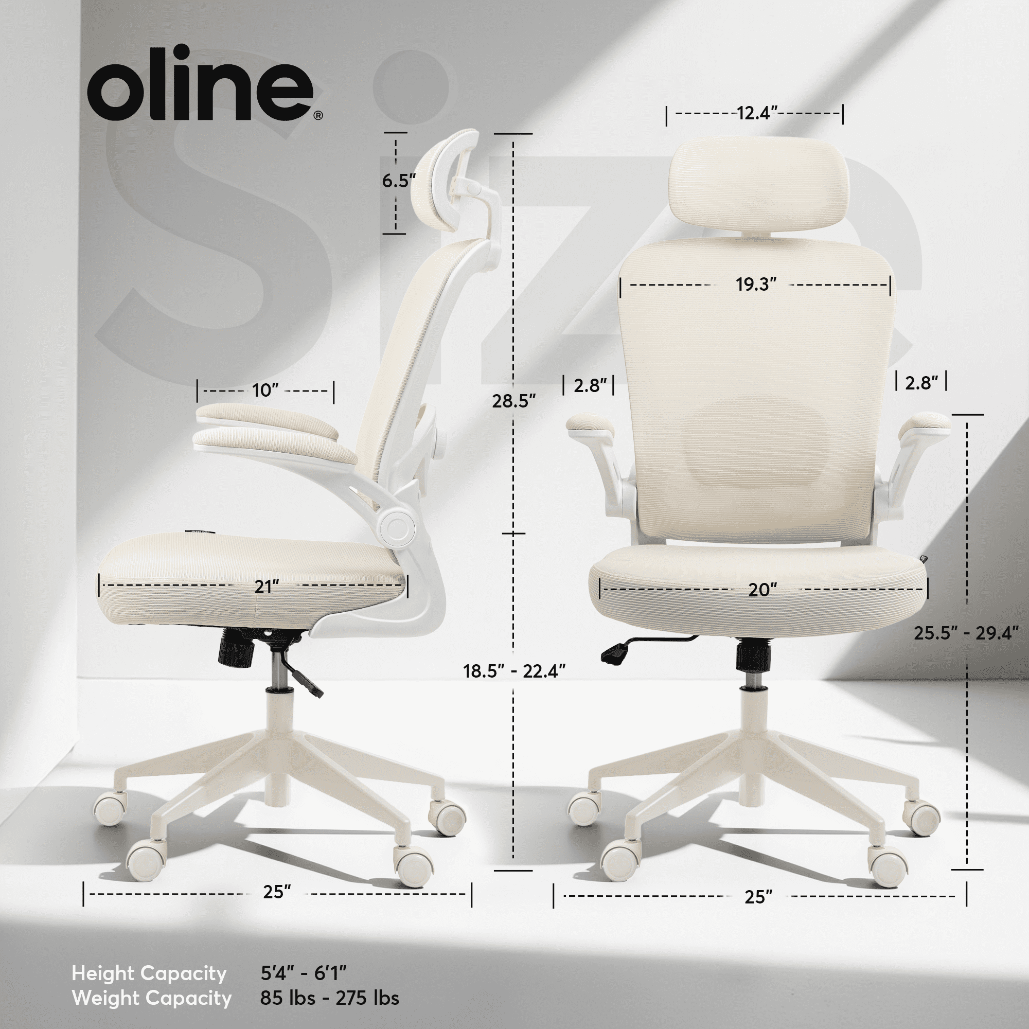 Oline ErgoAir Ergonomic Office Chair – Adjustable Lumbar Support, Flip-Up Armrests, Mesh Computer Desk Chair, Swivel Rolling Executive Gaming Chair for Home & Office (Beige)