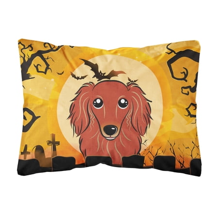 Carolines Treasures BB1772PW1216 Halloween Longhair Red Dachshund Canvas Fabric Decorative Pillow  12H x16W  multicolor