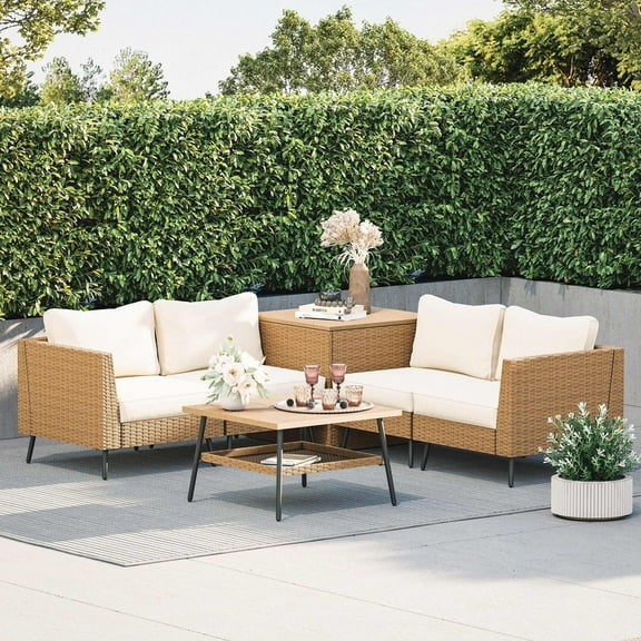 LAUSAINT HOME 6-Piece Patio Furniture Set, Outdoor Wicker Conversation Set with Storage Box and Beige Cushions