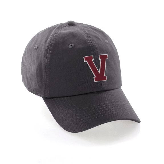 Customized Letter Intial Baseball Hat A to Z Team Colors, Charcoal Cap White Red Letter V