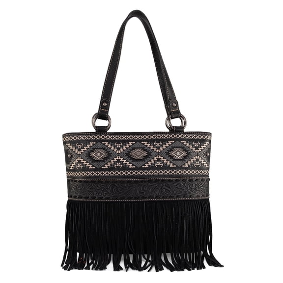Montana West Western Fringe Tote Bag for Women Aztec Tooled Embroidery Shoulder Handbag, Black