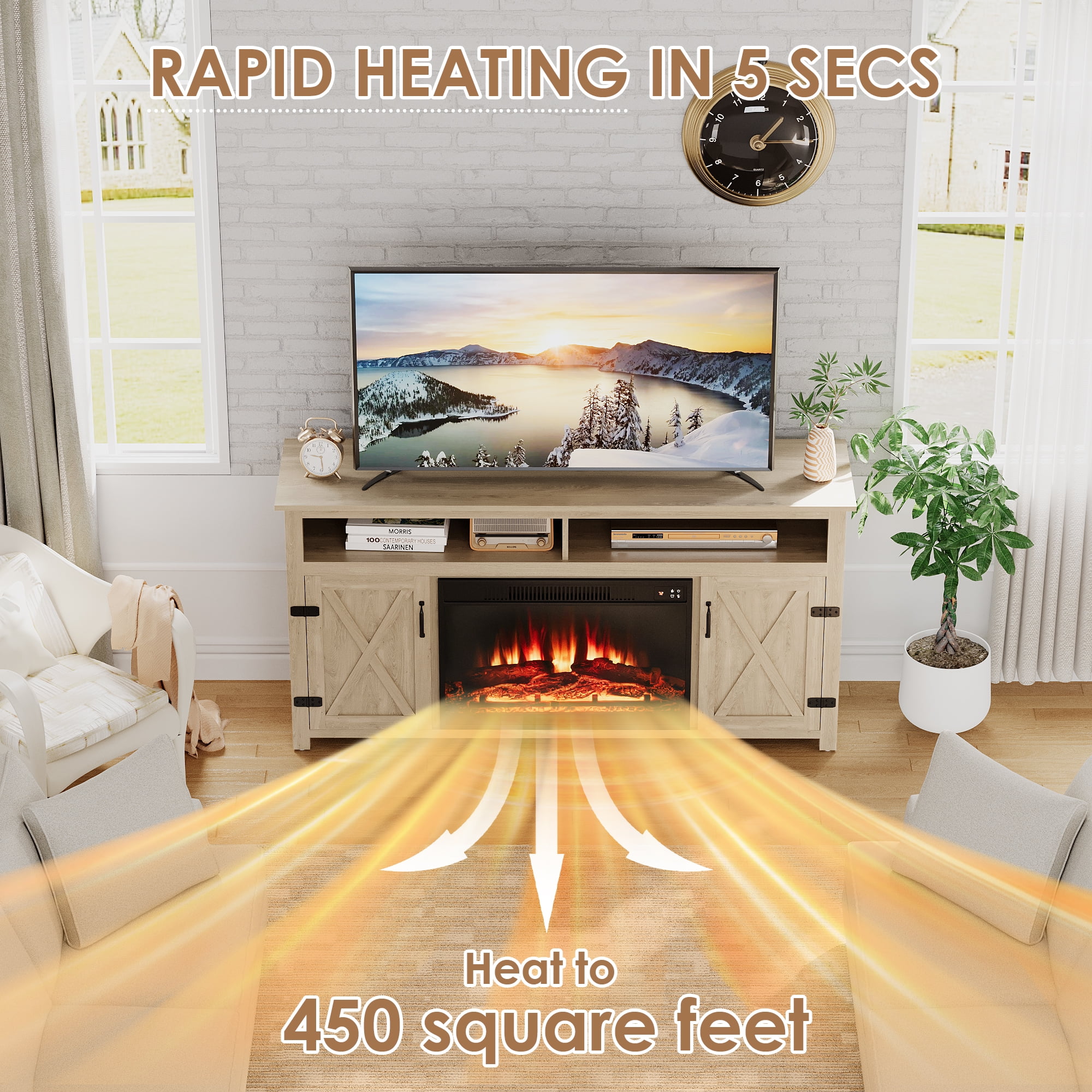 Homall Rustic 65" Television Stand with Electric Fireplace & 2 Shelves, Wood Oaken, 15.1'' W