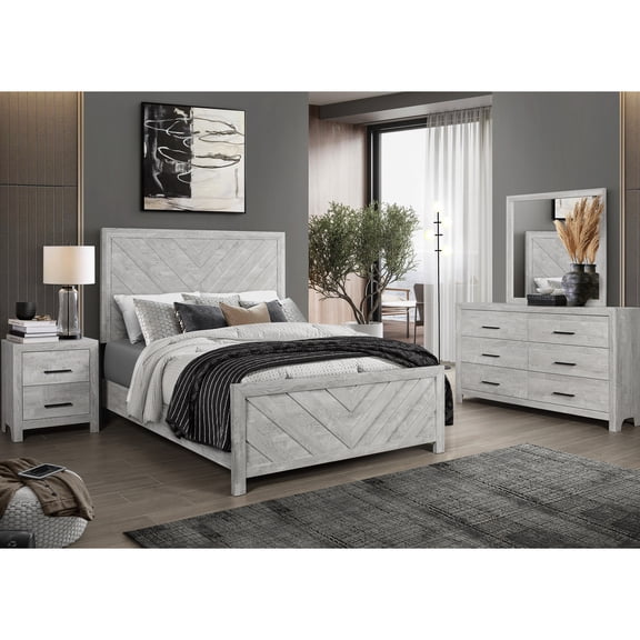 Modern Wood Queen 4pc Bedroom In Gray, Consisting Of Bed, 2 Nightstand, 6 Chest & Mirror Style , Gray Color, Crafted, With Dresser, And Nightstand