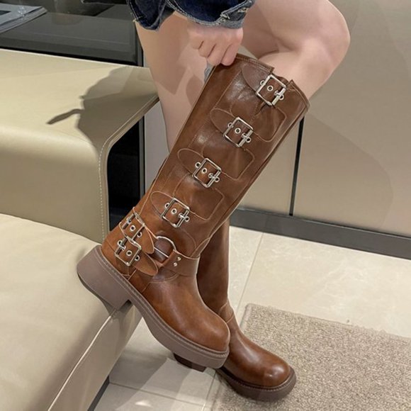 Reduced Price ! Aqestyerly Women's Winter Boots Women Mid Heel Shoes Belt Buckle Knee High Retro Cowboy Rider Punk