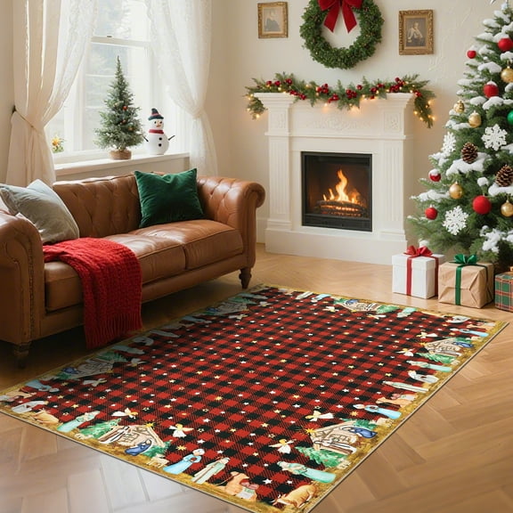 Haperlare 6'x9' Christmas Area Rug Xmas Plaid Festival Decor Rug, Washable Soft Holiday Decor Rug with Non-Slip Backing for Living Room Bedroom Dining Room,Red