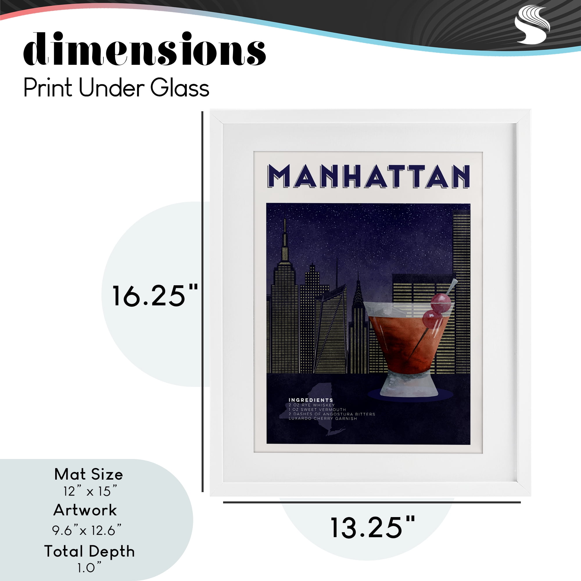 Retro Manhattan Cocktail Cityscape White Framed Print Under Glass, design by Brett Blumenthal
