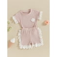 thumbnail image 4 of Musuos Kids Girls Summer Clothes Set,  6M 12M 18M 24M 3Y 4Y Short Sleeve Crew Neck Flower T-shirt with Lace Ruffle Shorts Summer Outfit, 4 of 10