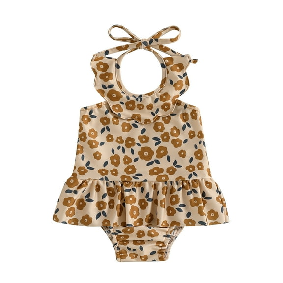Toddler Baby Girl Halter Neck Swimsuit 3 6 12 18 24 Months 2T 3T Floral Print Romper Dress Bathing Suit Ruffled Beachwear