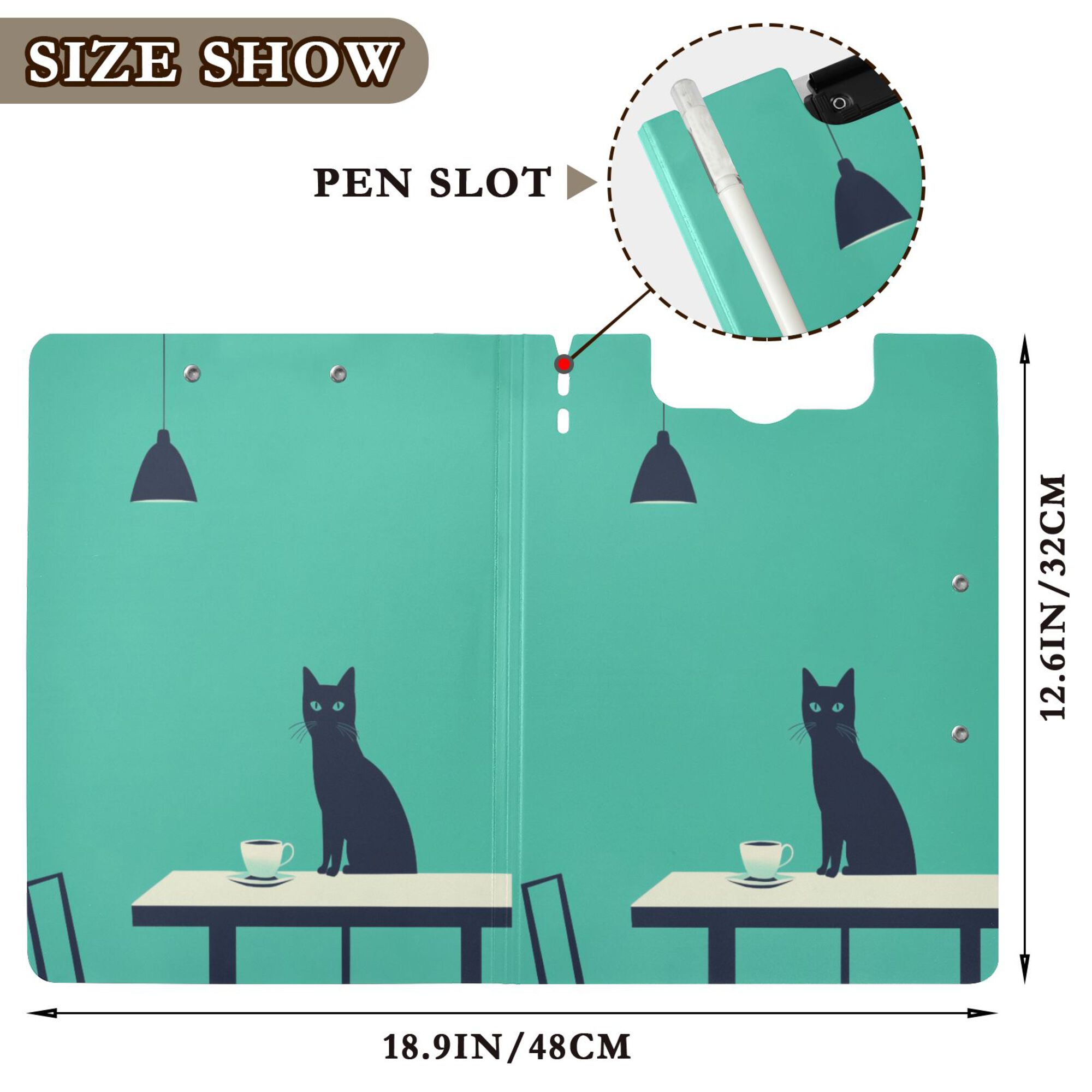 FORMRS A4 Clipboard Folder with Pen Holder Horizontal Foldable School Office Binder, Green Cat