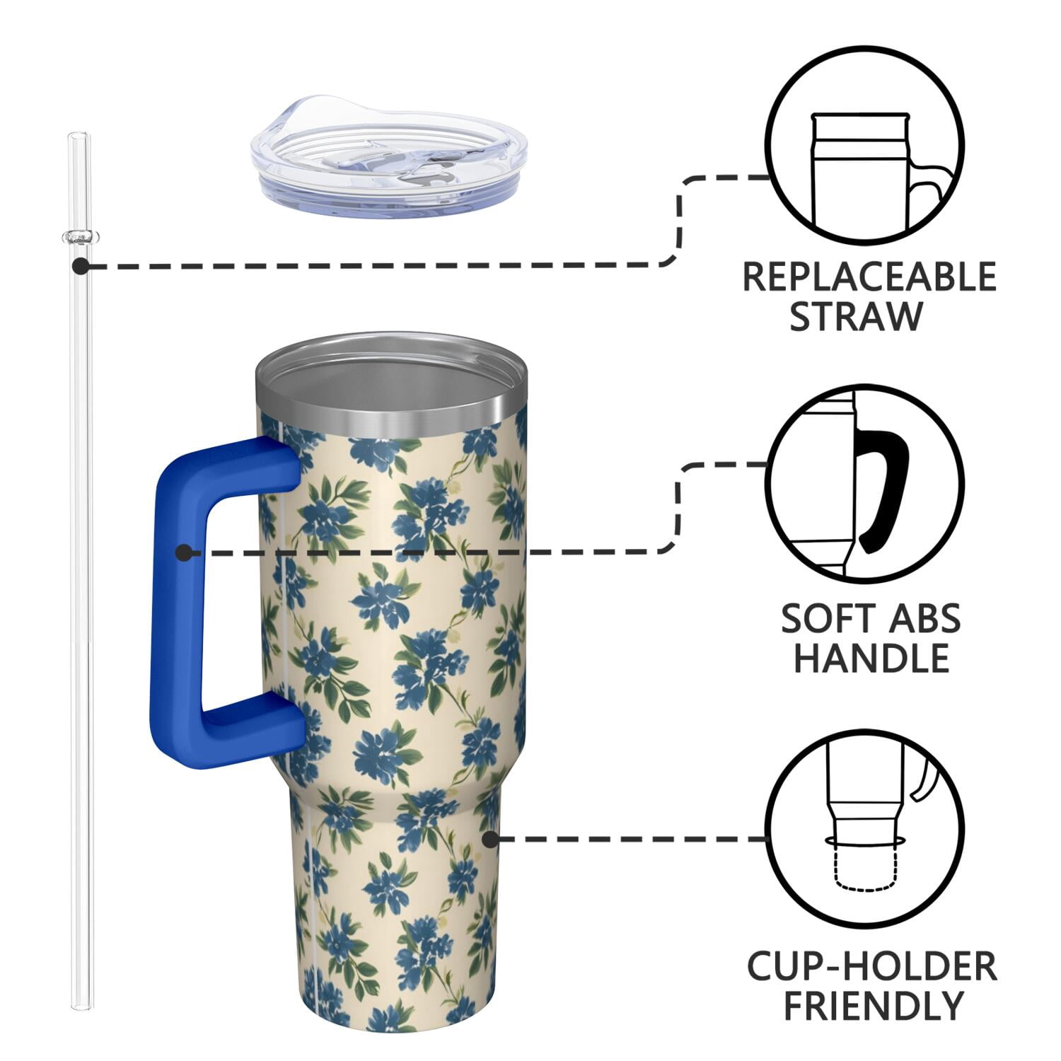 Flower Floral Print Pattern 40oz Tumbler with Handle and Lid, Double Wall Vacuum Insulated Tumbler, Gift Cups for Women and Men