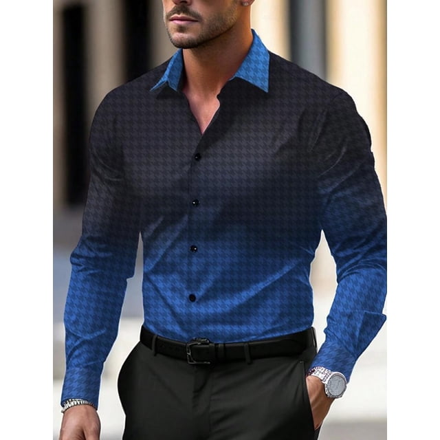 Camisa informal de negocios con estampado de manga larga para hombre Camisa formal con botones Otoño Invierno Primavera Verano Manga larga con puños Azul SML