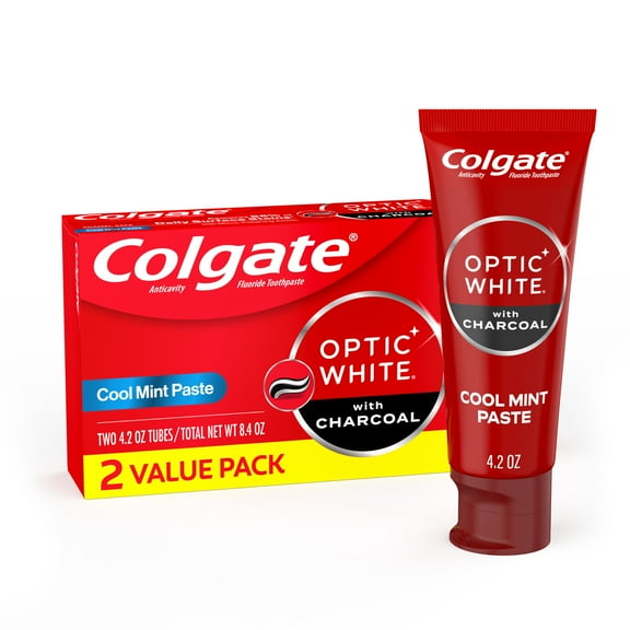 Colgate Optic White Whitening Toothpaste with Charcoal, Cool Mint, 4.2 oz, 2 Pack
