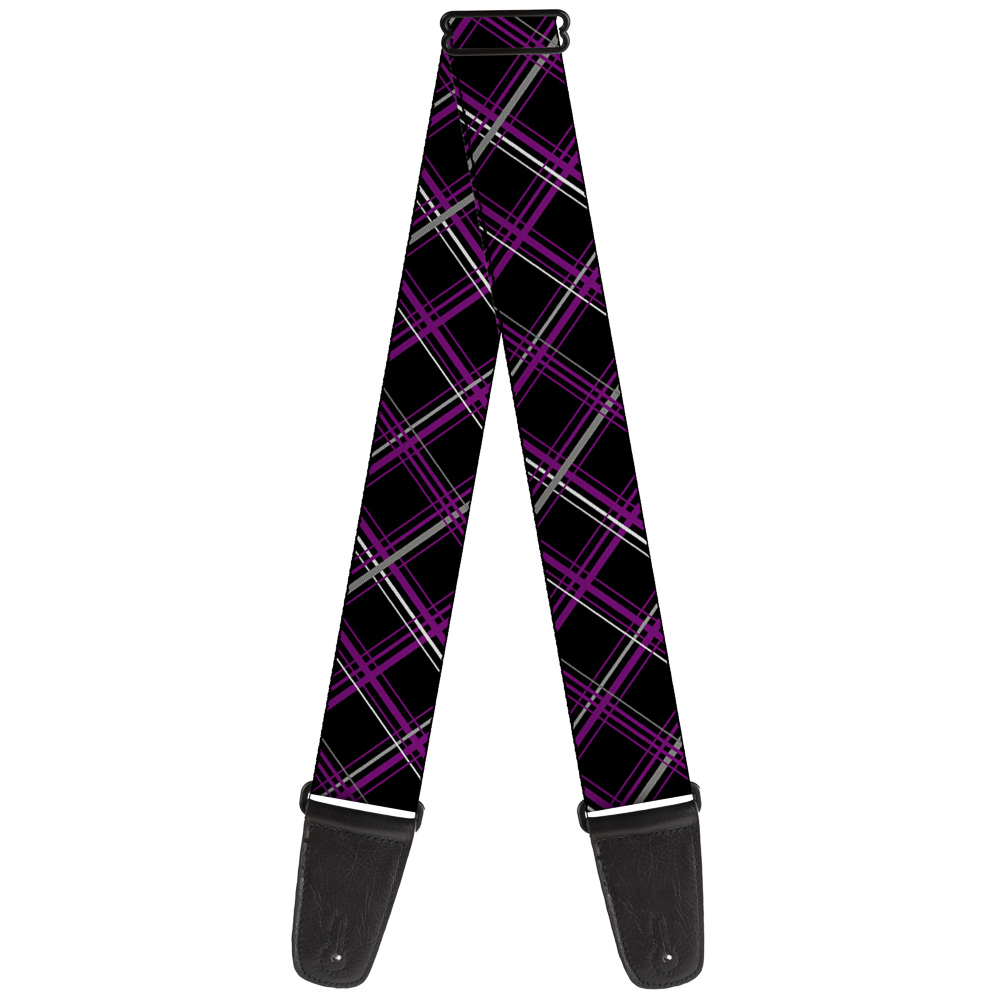 Buckle-Down Guitar Strap, Plaid Black Purple Gray, 2 Inches Wide