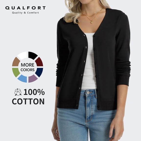 QUALFORT Women’s 100% Cotton Lightweight Button-Front Cardigan Sweater，V-Neck Long Sleeve Knit, Black M-2XL