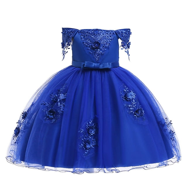 Penkiiy Toddler Girls Net Yarn Mesh Bow Ruffles Birthday Party Gown Long Dresses 3-4 Years Blue