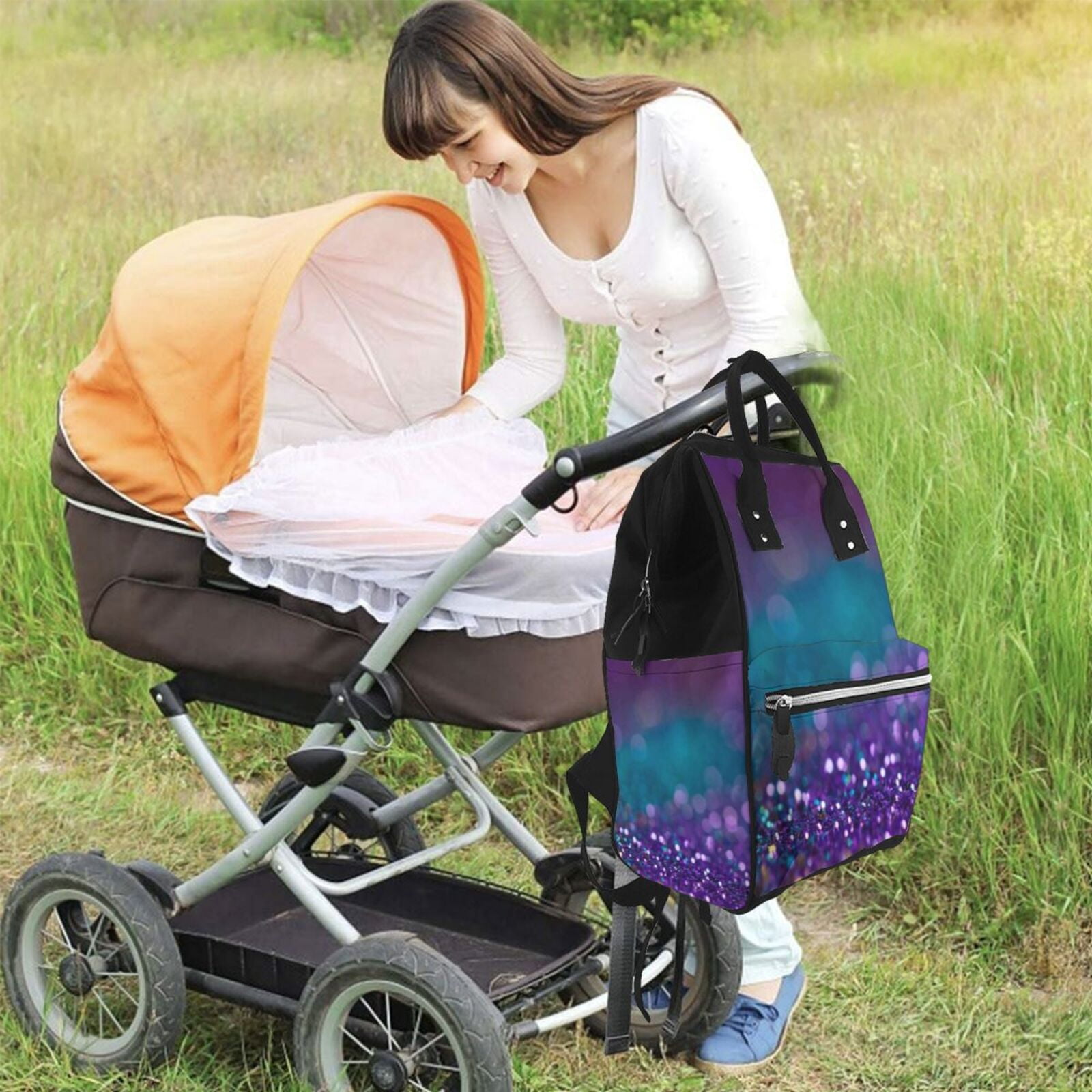 Ratiio Purple and Green Glitter Mummy Backpack - Waterproof Twill Canvas, Large Capacity Diaper Bag with Multiple Pockets and Adjustable Straps