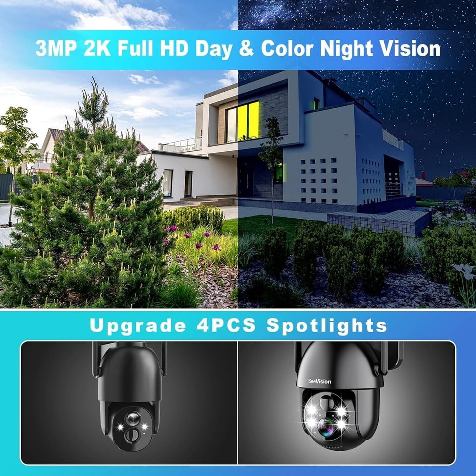 Solar Security Cameras, Wireless, Outdoor, for Home, with Spotlight, Night Vision