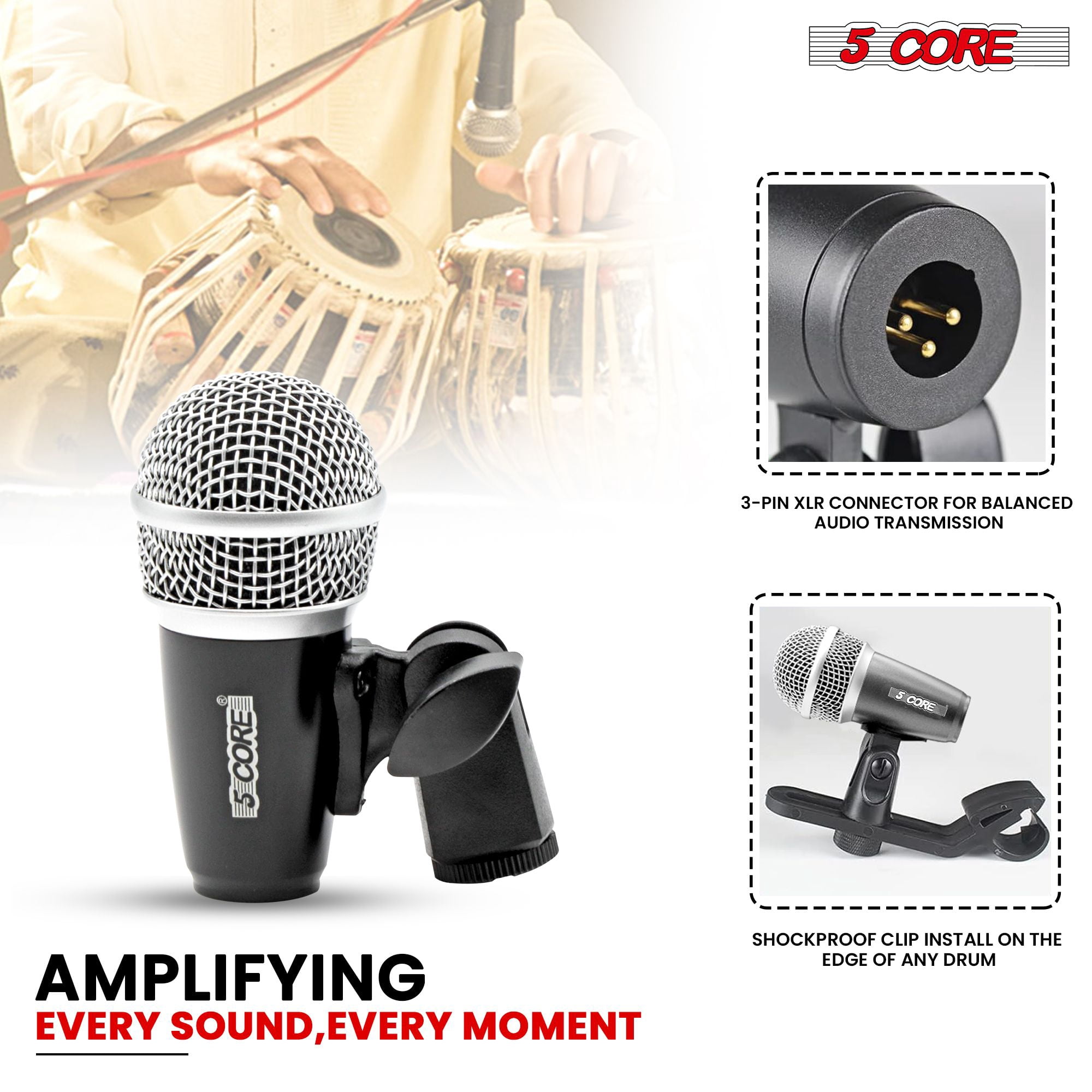 XLR Wired Cardioid Instrument Microphone for Tabla - Dynamic Moving Coil, Swivel Mount & Rim Clip Included