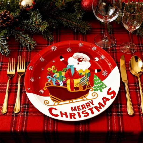 Platos de papel redondos navideños | Vajilla de papel desechable de Papá Noel | Platos festivos rojos de 18 cm | Gruesos, duraderos y resistentes al aceite | Artículos para fiestas de Navidad,