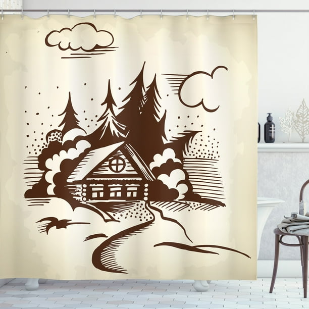 Log Cabin Shower Curtain Monochrome Drawing Image Of A Wooden And Firs With Winter Theme Log Cabin Shower Curtain Monochrome, Cabin Shower Curtain Hooks