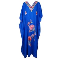 Mogul Women Cobalt Blue Maxi Caftan Dress Embellished Floral Embroidered Beach Cover Up Resort Wear House Dress 2XL