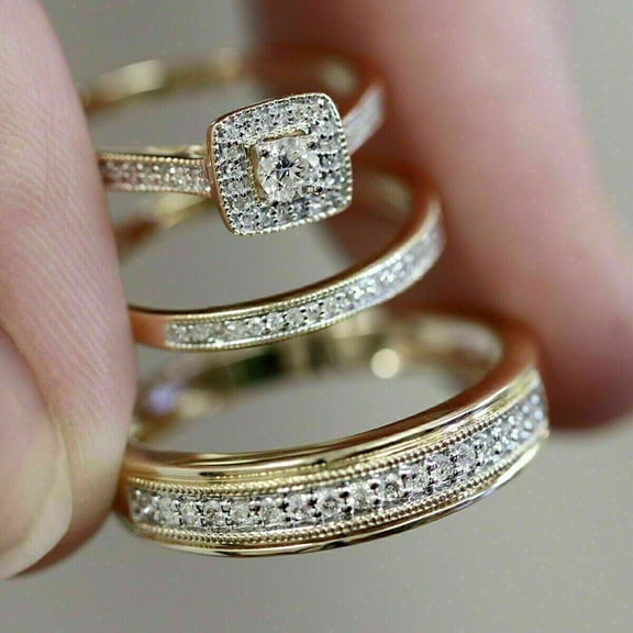 Silver Shop Engagement Wedding Ring Set Round Cut Cubic Zirconia 14K Yellow Gold Finish Silver Trio Set