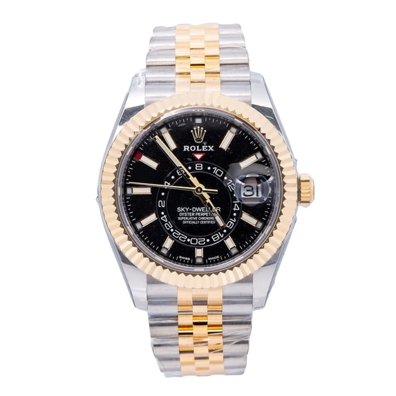 Pre-Owned Rolex Sky-Dweller 42MM 326933 Black Dial Fluted Bezel Two Tone Yellow Gold Jubilee Bracelet