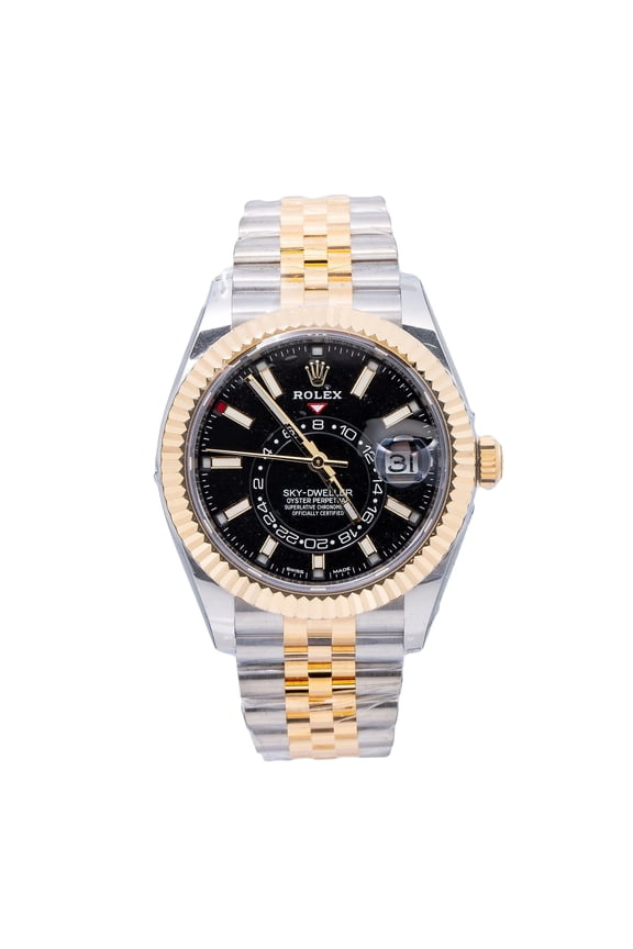 Pre-Owned Rolex Sky-Dweller 42MM 326933 Black Dial Fluted Bezel Two Tone Yellow Gold Jubilee Bracelet