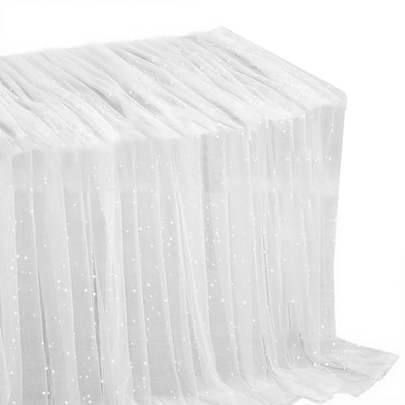 Pearl Beaded Mesh Table Mantle with LED Light, 118x63inch White Wedding Tulle Table Skirt, Pearl Mesh Table Decor
