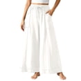 thumbnail image 3 of Women's Cotton Loose Wide Leg Pants, Mid Elastic Waist Drawstring with Pockets, Lightweight Casual Flowy Trousers for Business Summer Vacation, Soft Linen | VerBelle,White M, 3 of 9