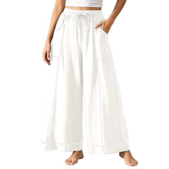 Guluxicc Women's Cotton Pants with Pockets Elastic Waist Drawstring Wide Leg Trousers for Everyday Wear Summer Casual Outfits