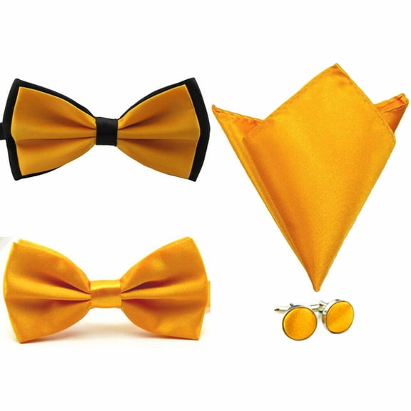 Mens Solid Stain Pre-tied Tuxedo Bow Tie Cufflinks Pocket Square Hanky Set