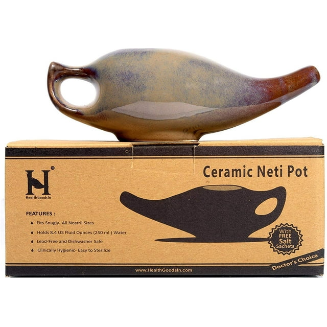 HealthGoodsIn Porcelain Ceramic Neti Pot For Nasal Cleansing With 10 Sachet Neti Salt and