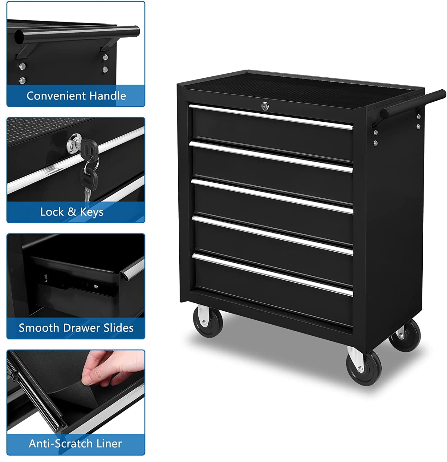 TUFFIOM 5-Drawer Rolling Tool Chest w/Lock & Key, Tool Storage Cabinet with Wheels, Top Cushion & Drawer Liners, Tool Organizer Box for Garage, Warehouse & Repair Shop
