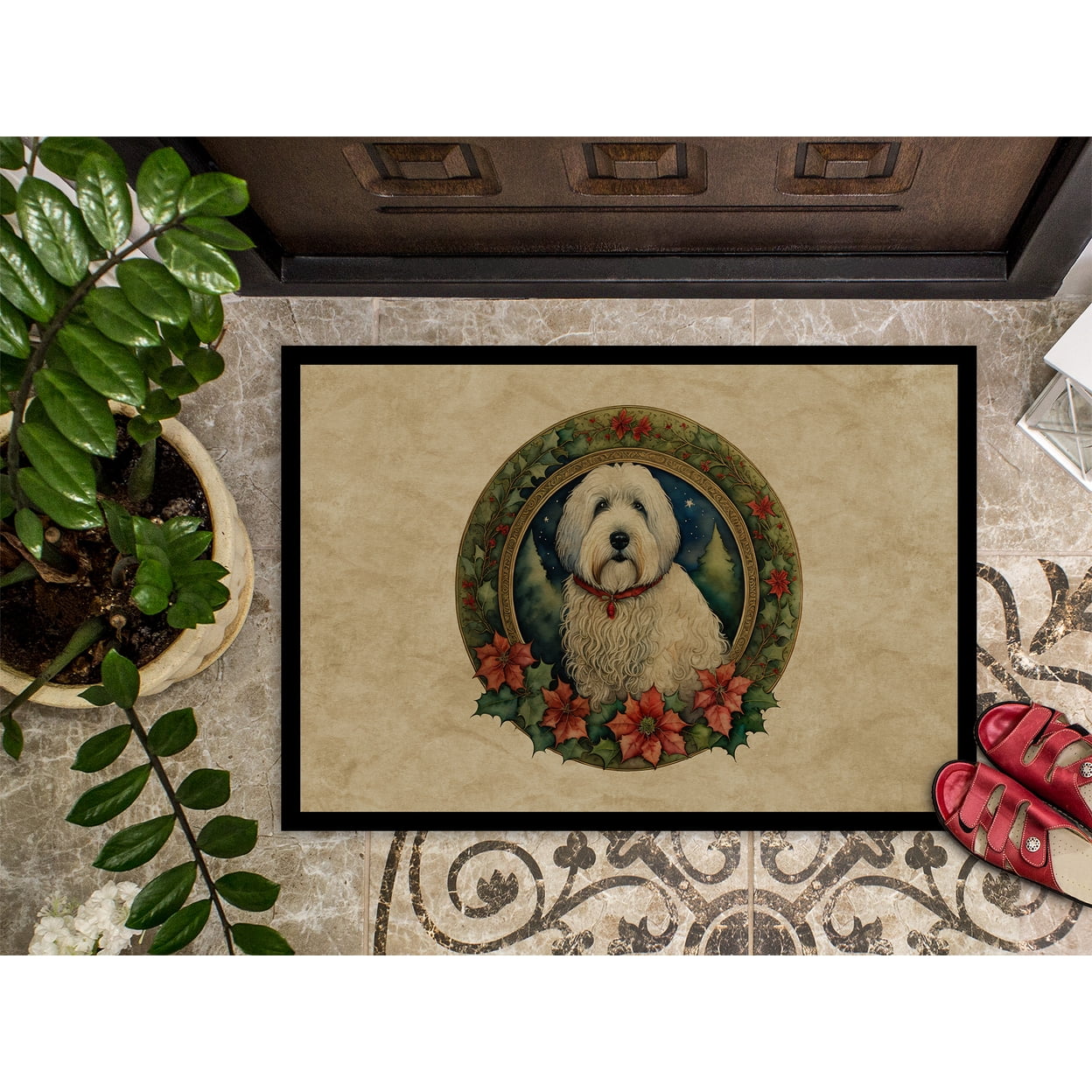 Carolines Treasures DAC2401MAT 18 x 27 in. Unisex Old English Sheepdog Christmas Flowers Doormat