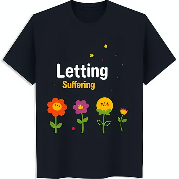 Black T-Shirt with 'Letting Suffering' Text and Colorful Cartoon Flowers