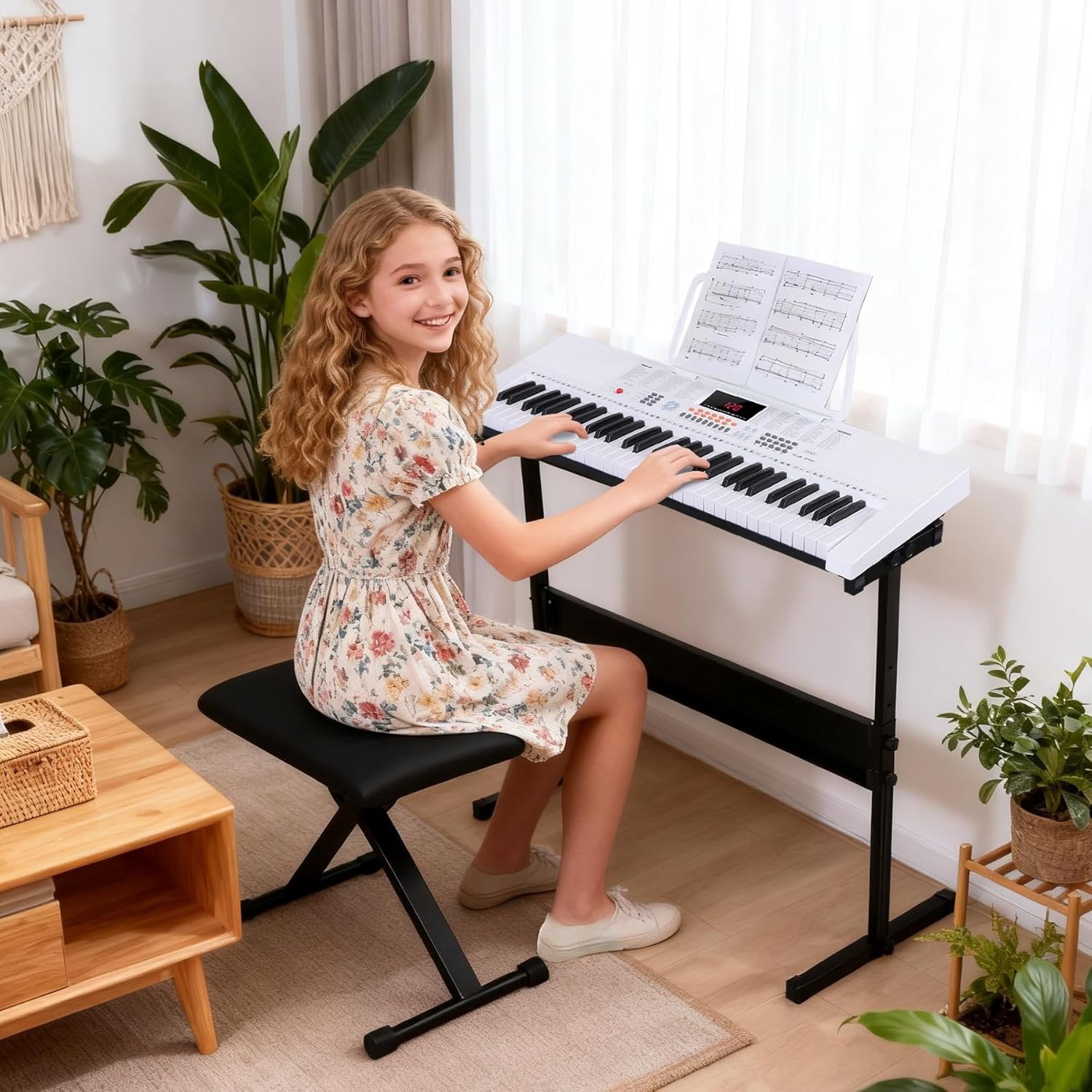 61-Key Portable Electric Keyboard Piano with Built In Speakers, LED Screen, Headphones, Microphone, Piano Stand,  Sheet Stand and Stool (White)