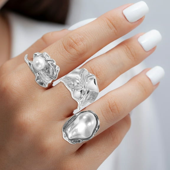 Chunky Silver Rings Set for Women Adjustable Pearl Stackable Ring Open Vintage Statement Jewelry, Silver Tone, 3 Pack