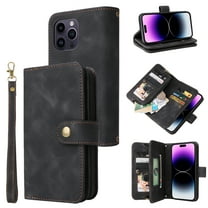 Dteck for Apple iPhone 14 Pro Max 6.7 inch Wallet Case for Women Men, Sturdy PU Leather Case Magnetic Flip Zipper 7 Cards Holder Wristlet & Shoulder Strap Kickstand Phone Case, Black